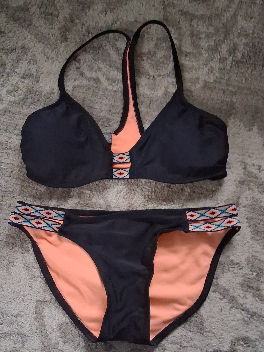 Xhilaration Black & Peach Two-Piece Bikini with Aztec Accent